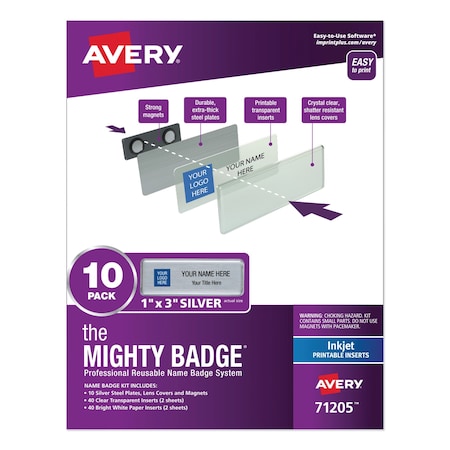 Avery Mighty Badge Name Badge Holder Kit, Horizon, 3x1, Inkjet, Silver, PK10 7771171205